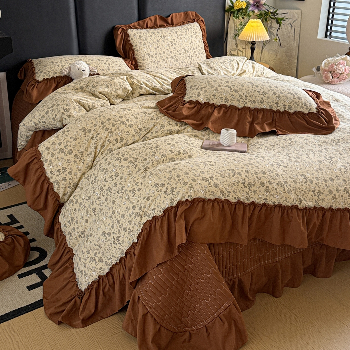 91家纺网 家纺一手货源 找家纺 富米莱（原臻工厂） 2026新款韩系古法韩国水洗棉云棉大布袋法式浪漫大花边床盖夏凉被床盖四件套 玛奇朵