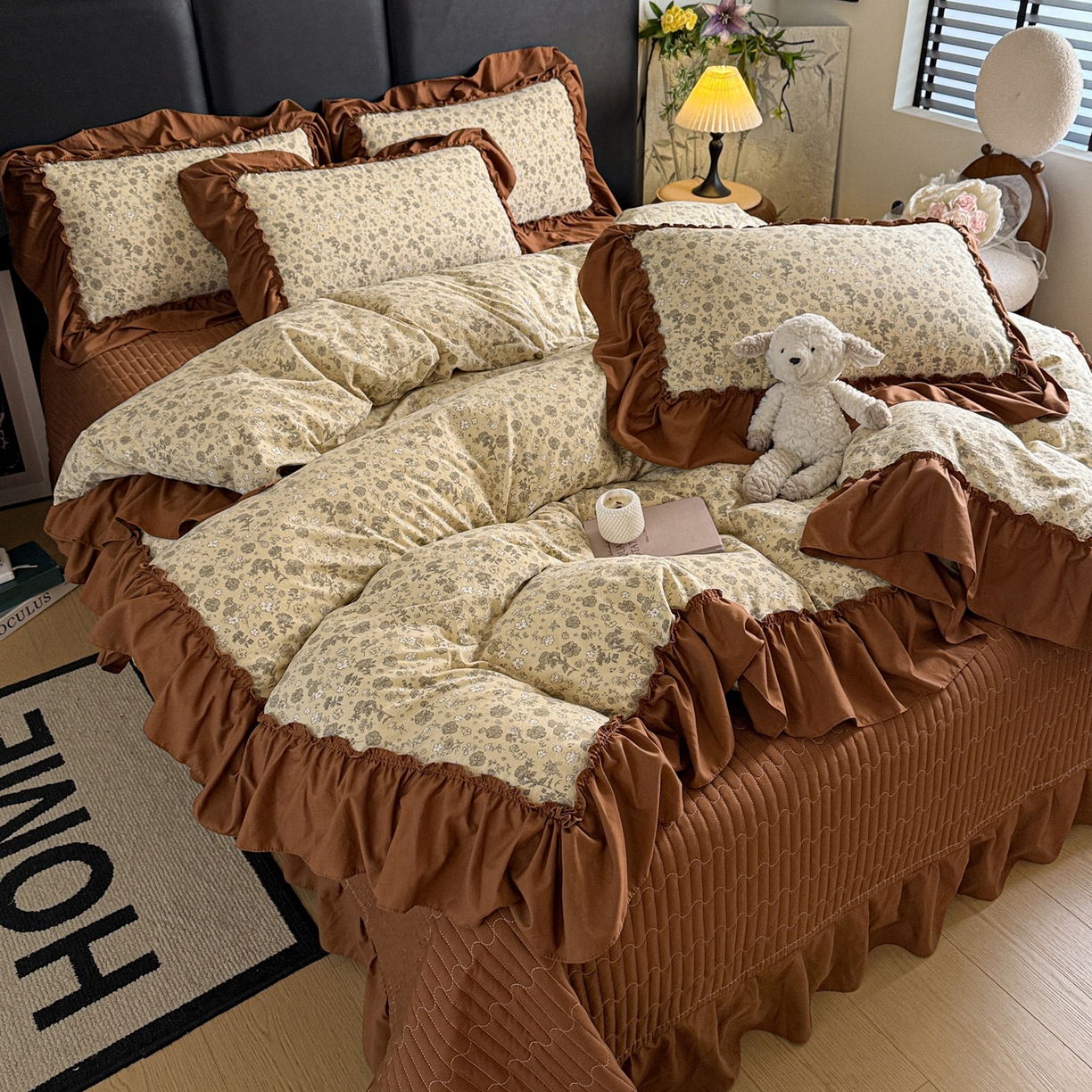 91家纺网 家纺一手货源 找家纺 富米莱（原臻工厂） 2026新款韩系古法韩国水洗棉云棉大布袋法式浪漫大花边床盖夏凉被床盖四件套 玛奇朵