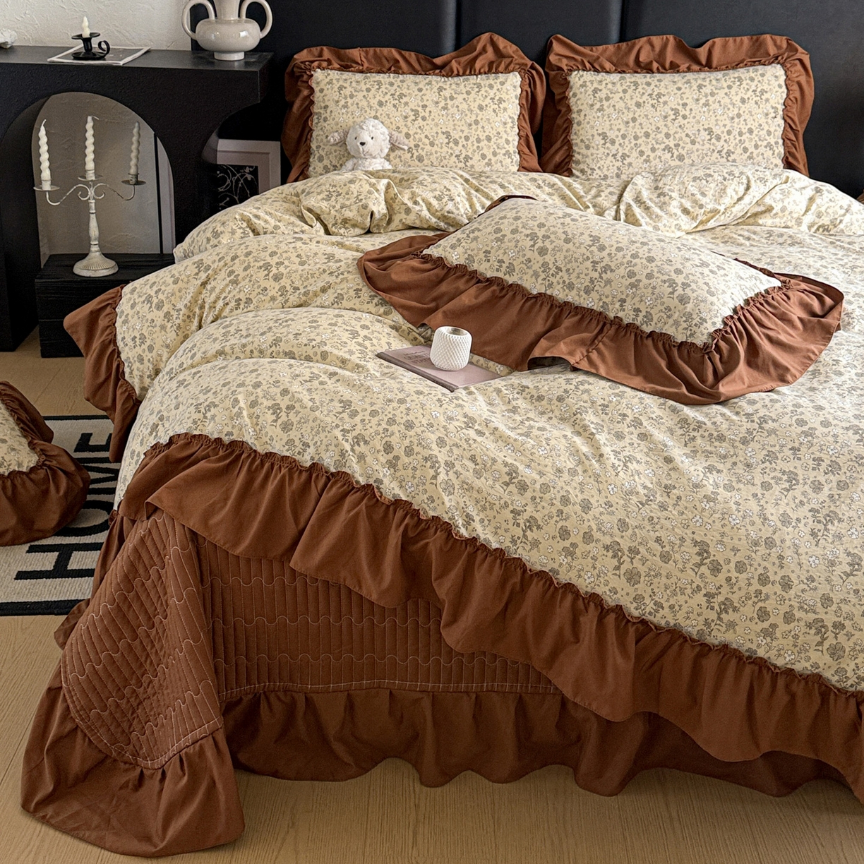 91家纺网 家纺一手货源 找家纺 富米莱（原臻工厂） 2026新款韩系古法韩国水洗棉云棉大布袋法式浪漫大花边床盖夏凉被床盖四件套 玛奇朵