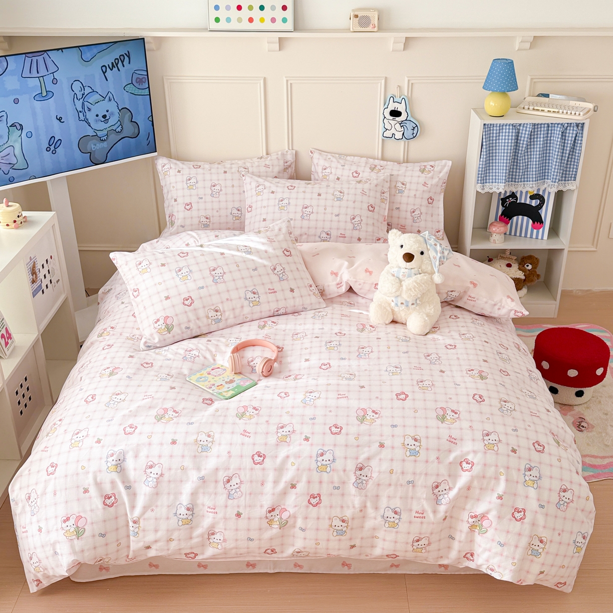 91家纺网 家纺一手货源 找家纺 简宜家居（朝初家纺） 2026新款全棉12868卡通印花四件套大耳朵兔兔系列 hello粉猫