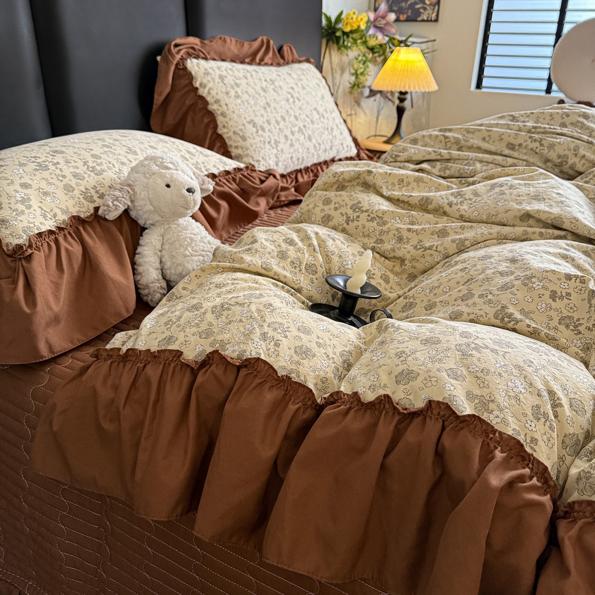 91家纺网 家纺一手货源 找家纺 富米莱（原臻工厂） 2026新款韩系古法韩国水洗棉云棉大布袋法式浪漫大花边床盖夏凉被床盖四件套 玛奇朵