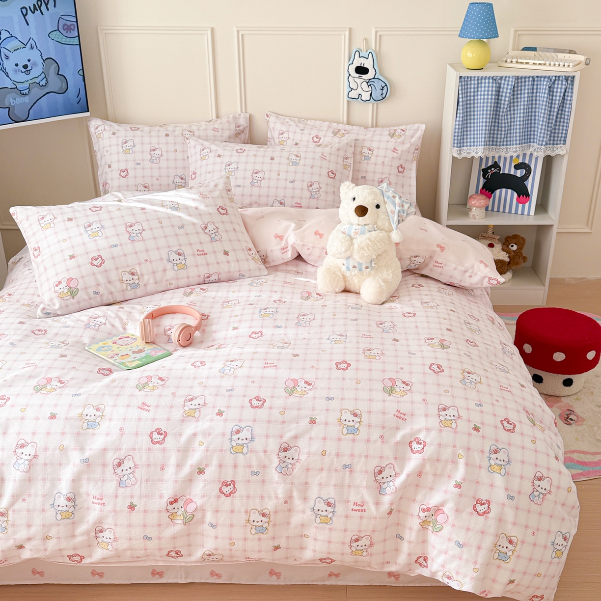 91家纺网 家纺一手货源 找家纺 简宜家居（朝初家纺） 2026新款全棉12868卡通印花四件套大耳朵兔兔系列 hello粉猫