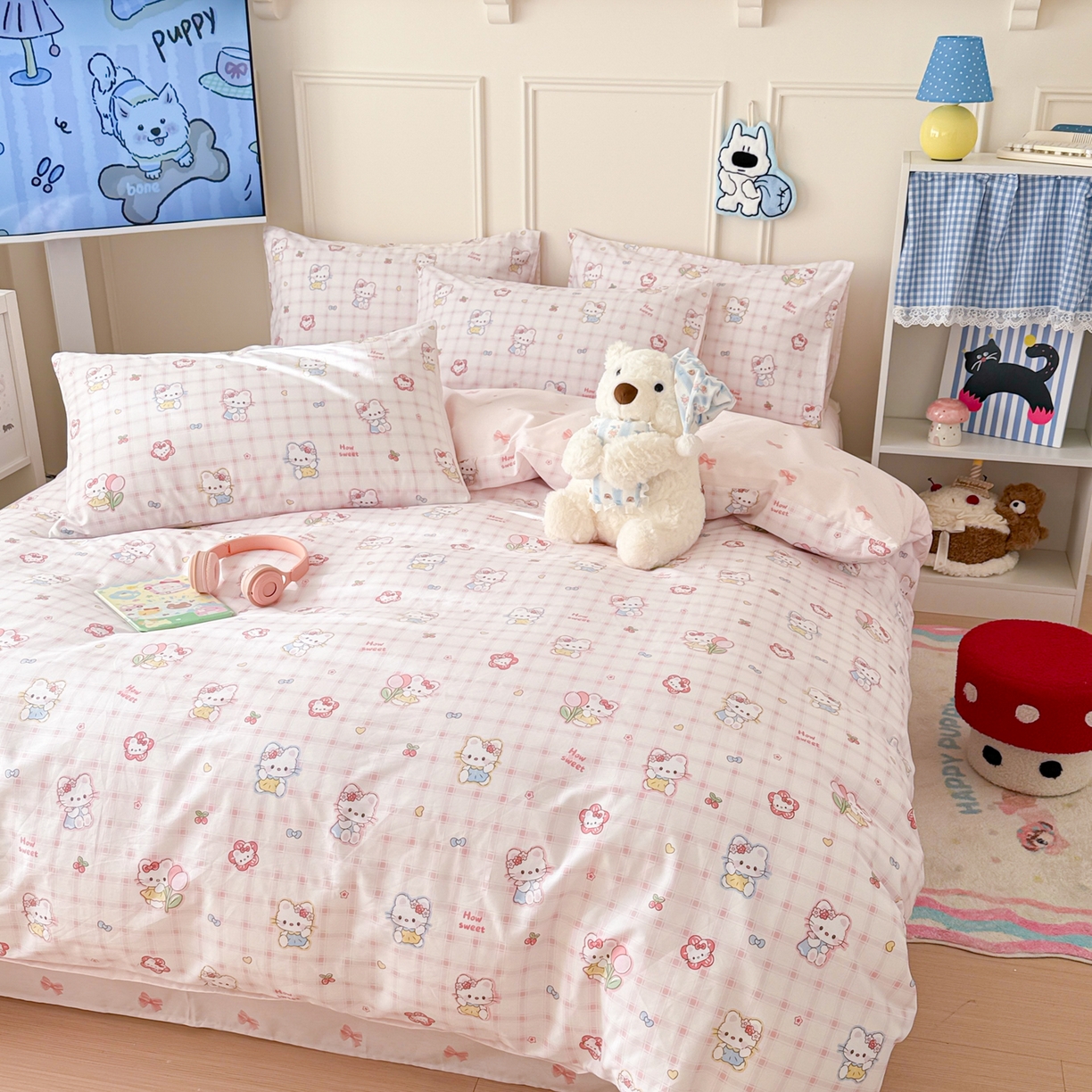 91家纺网 家纺一手货源 找家纺 简宜家居（朝初家纺） 2026新款全棉12868卡通印花四件套大耳朵兔兔系列 hello粉猫