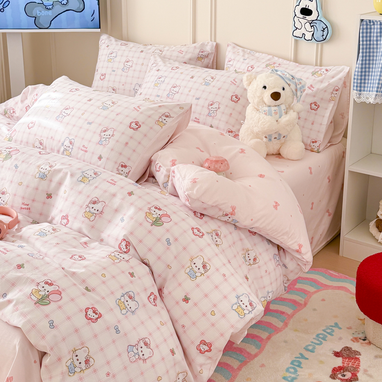91家纺网 家纺一手货源 找家纺 简宜家居（朝初家纺） 2026新款全棉12868卡通印花四件套大耳朵兔兔系列 hello粉猫