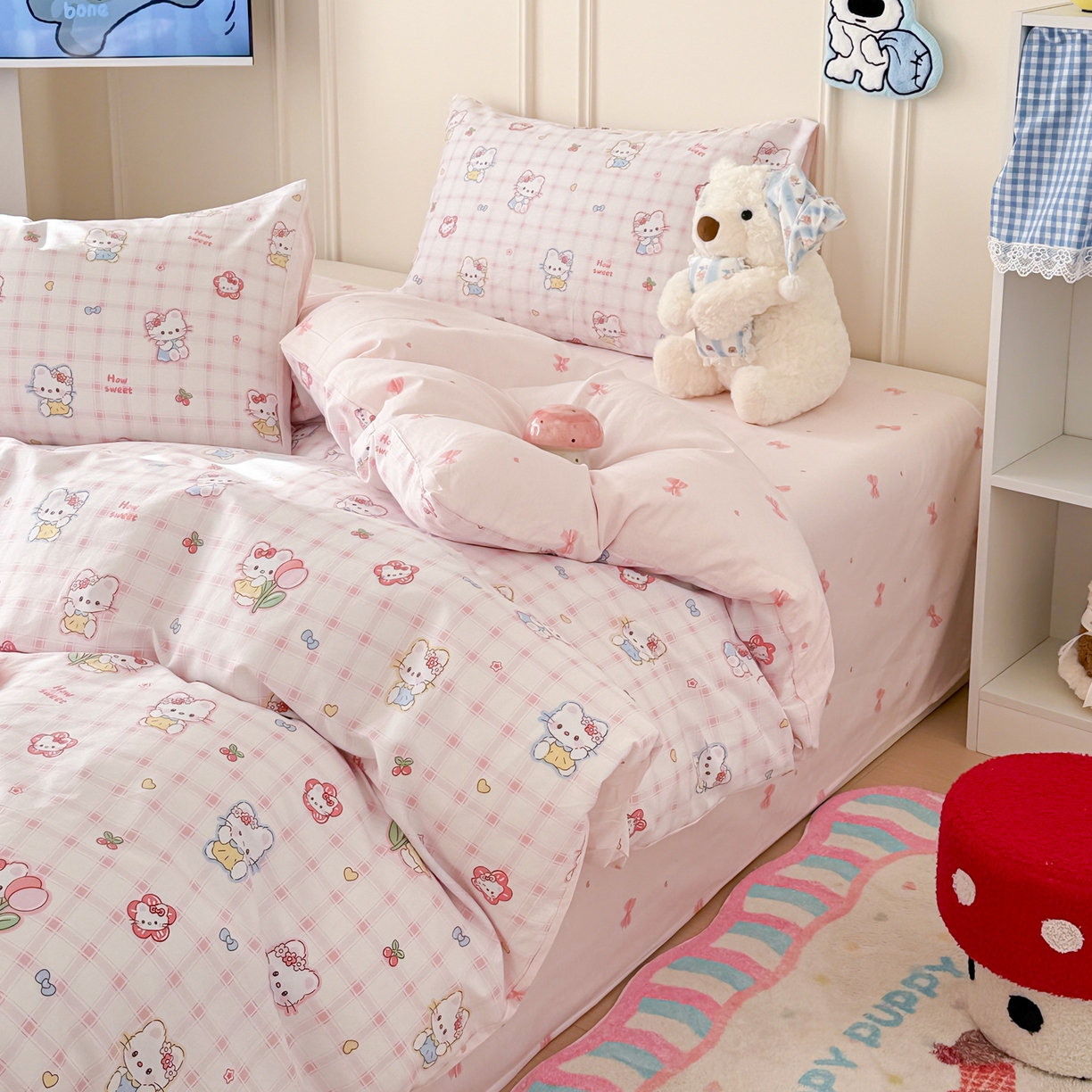 91家纺网 家纺一手货源 找家纺 简宜家居（朝初家纺） 2026新款全棉12868卡通印花四件套大耳朵兔兔系列 hello粉猫