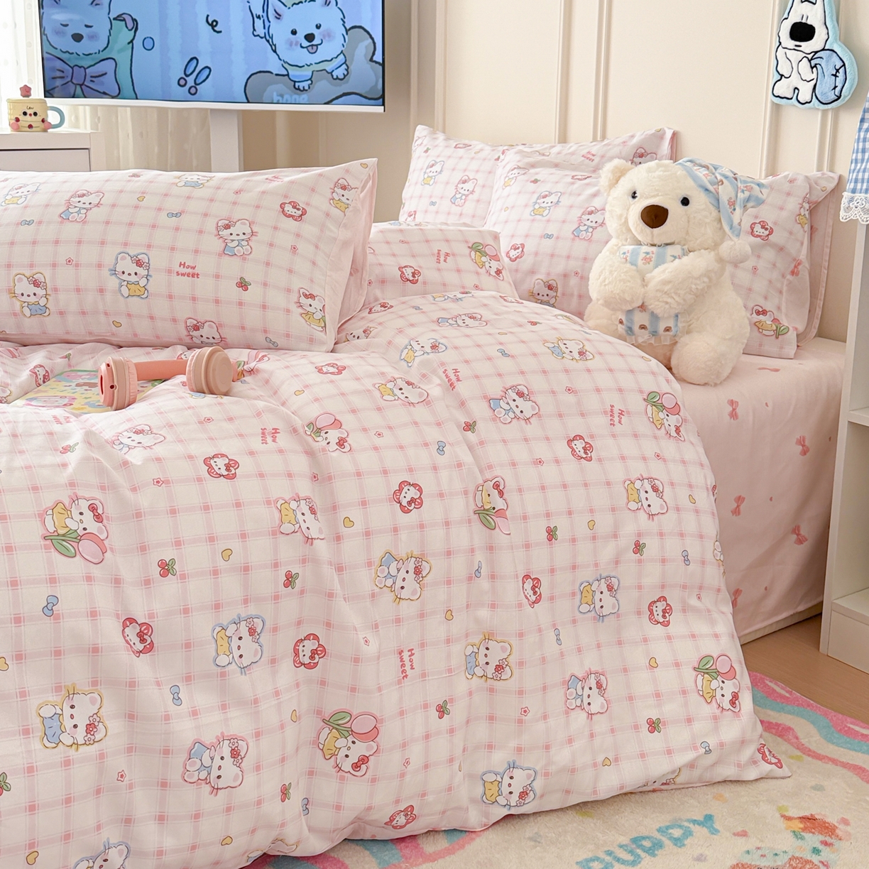 91家纺网 家纺一手货源 找家纺 简宜家居（朝初家纺） 2026新款全棉12868卡通印花四件套大耳朵兔兔系列 hello粉猫