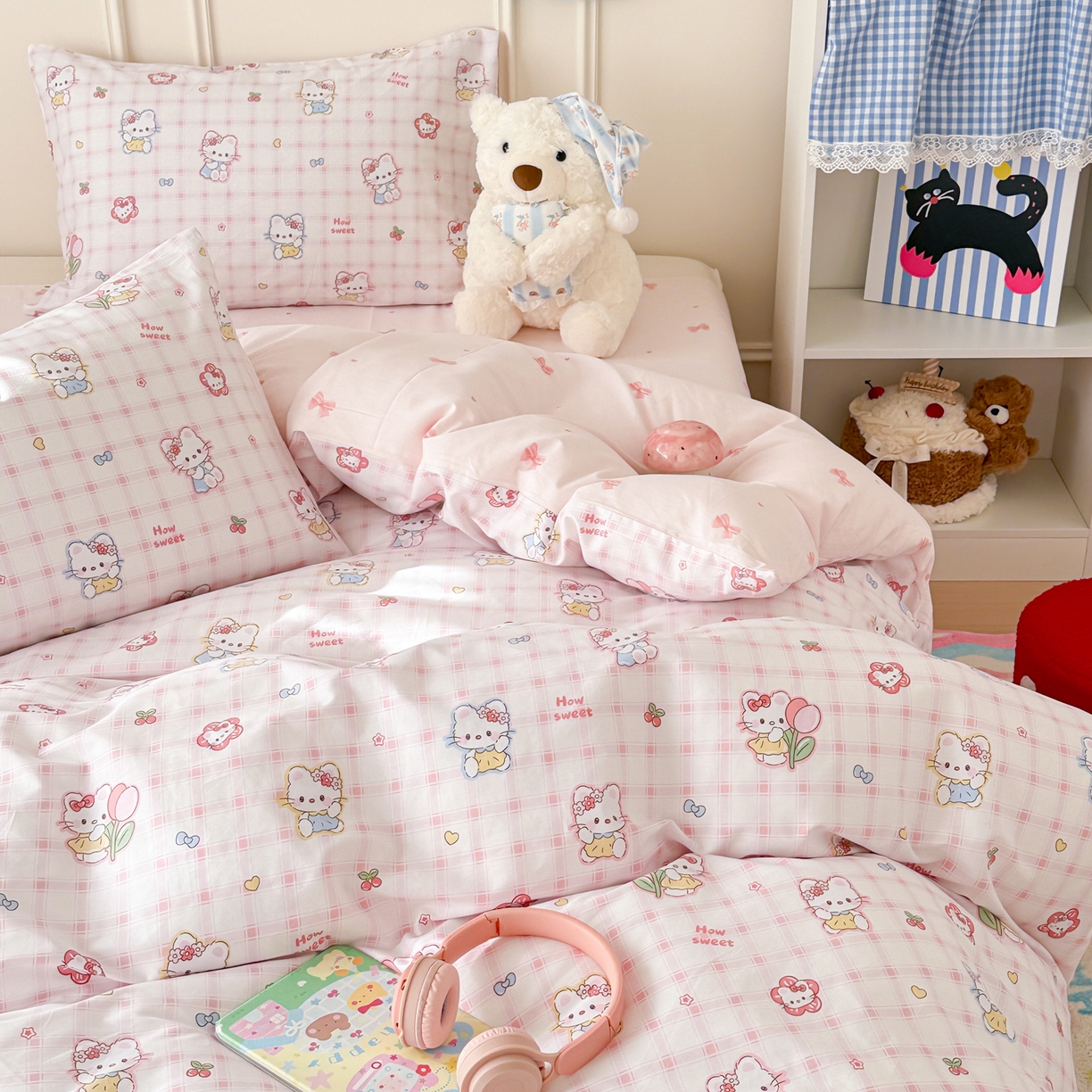 91家纺网 家纺一手货源 找家纺 简宜家居（朝初家纺） 2026新款全棉12868卡通印花四件套大耳朵兔兔系列 hello粉猫