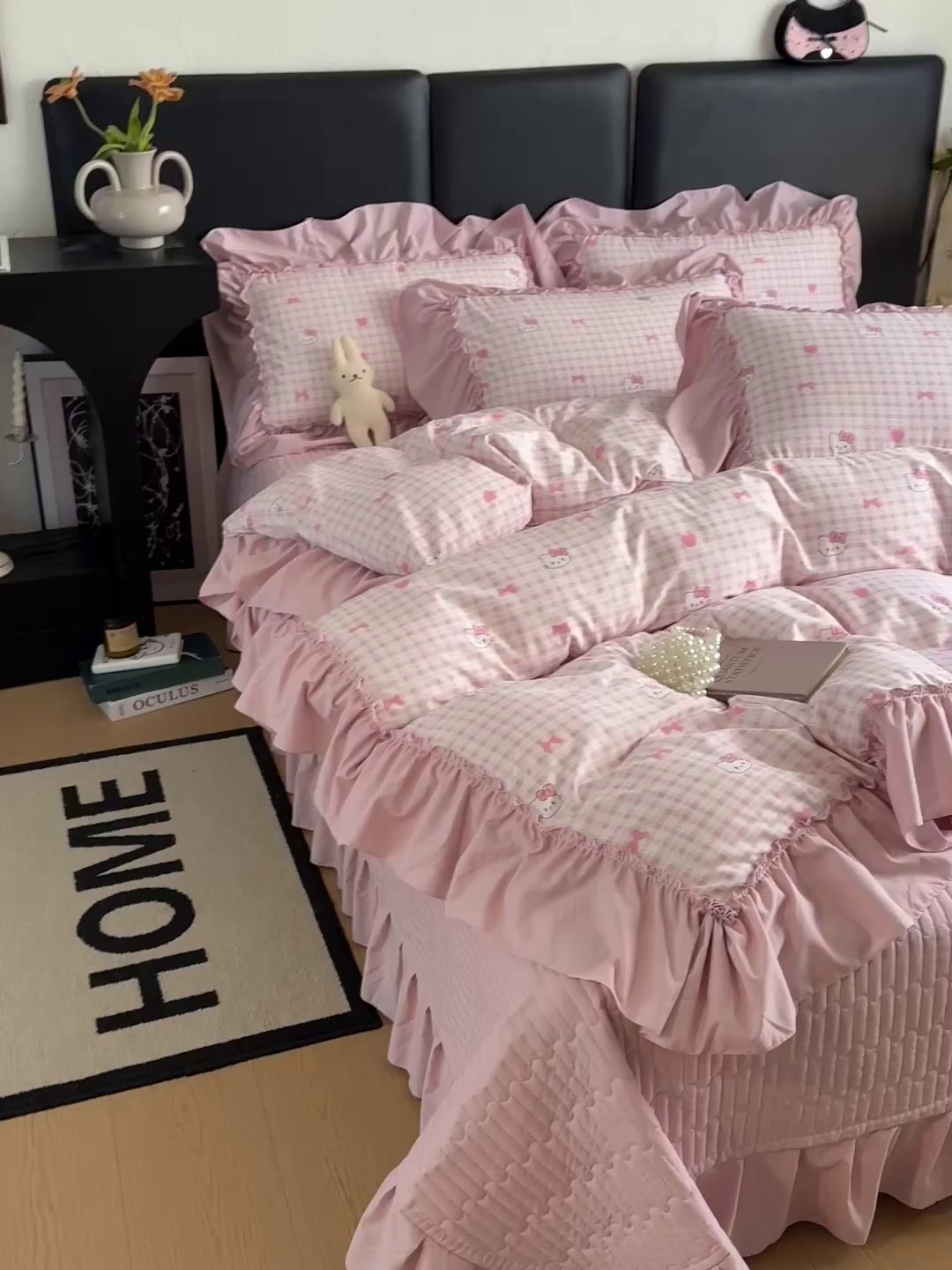 91家纺网 家纺一手货源 找家纺 富米莱（原臻工厂） 2026新款韩系古法韩国水洗棉云棉大布袋法式浪漫大花边床盖夏凉被床盖四件套 猫猫粉