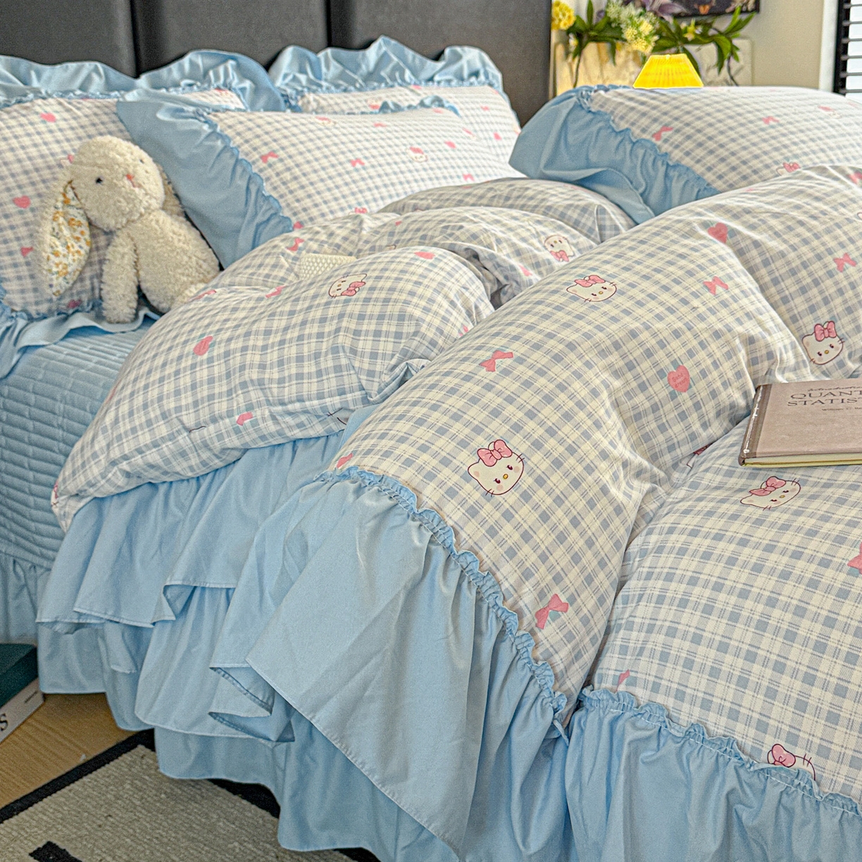 富米莱（原臻工厂） 2026新款韩系古法韩国水洗棉云棉大布袋法式浪漫大花边床盖夏凉被床盖四件套 猫猫蓝