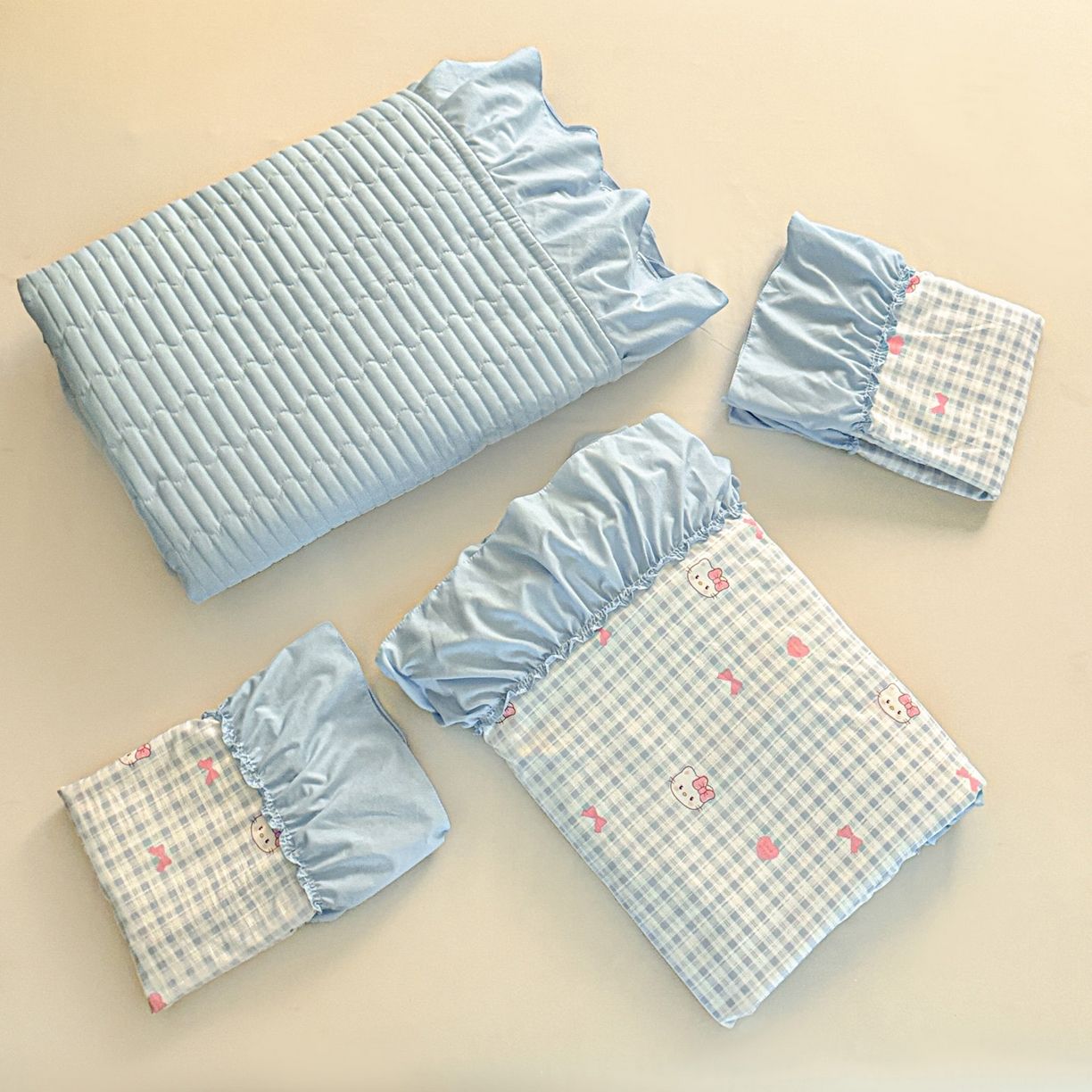 91家纺网 家纺一手货源 找家纺 富米莱（原臻工厂） 2026新款韩系古法韩国水洗棉云棉大布袋法式浪漫大花边床盖夏凉被床盖四件套 猫猫蓝