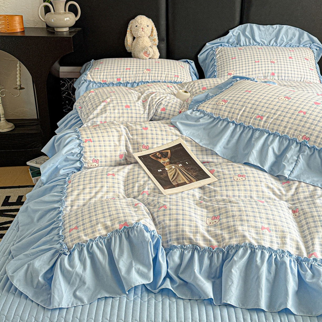 91家纺网 家纺一手货源 找家纺 富米莱（原臻工厂） 2026新款韩系古法韩国水洗棉云棉大布袋法式浪漫大花边床盖夏凉被床盖四件套 猫猫蓝