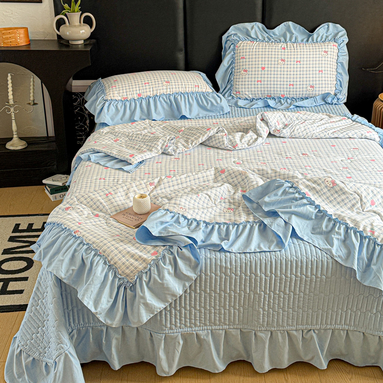 91家纺网 家纺一手货源 找家纺 富米莱（原臻工厂） 2026新款韩系古法韩国水洗棉云棉大布袋法式浪漫大花边床盖夏凉被床盖四件套 猫猫蓝