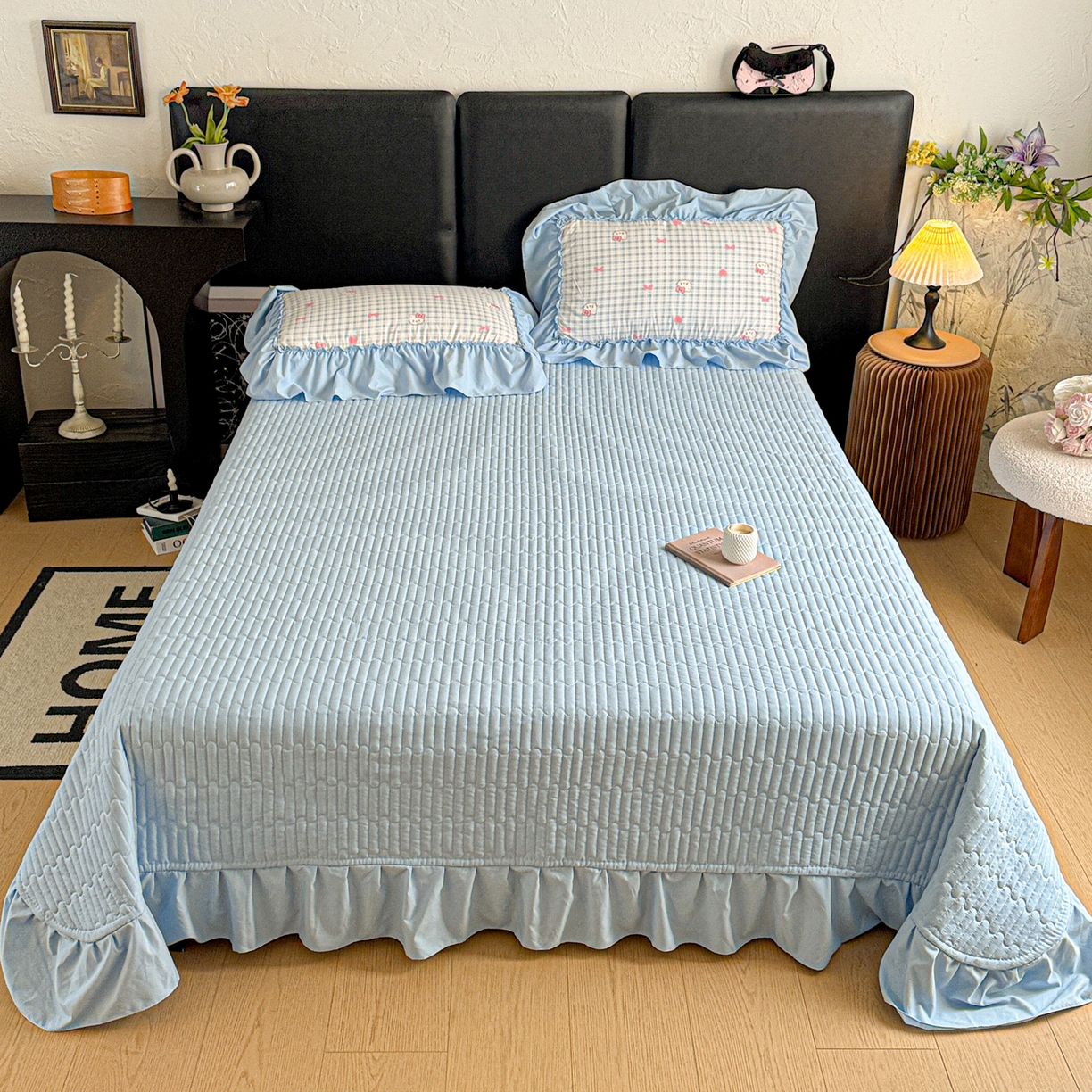 91家纺网 家纺一手货源 找家纺 富米莱（原臻工厂） 2026新款韩系古法韩国水洗棉云棉大布袋法式浪漫大花边床盖夏凉被床盖四件套 猫猫蓝