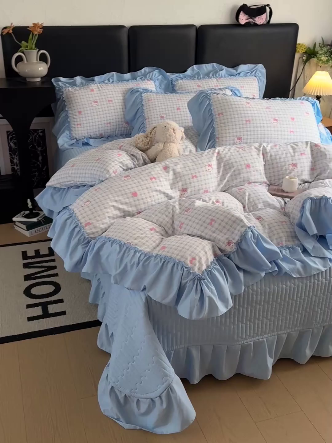 91家纺网 家纺一手货源 找家纺 富米莱（原臻工厂） 2026新款韩系古法韩国水洗棉云棉大布袋法式浪漫大花边床盖夏凉被床盖四件套 猫猫蓝
