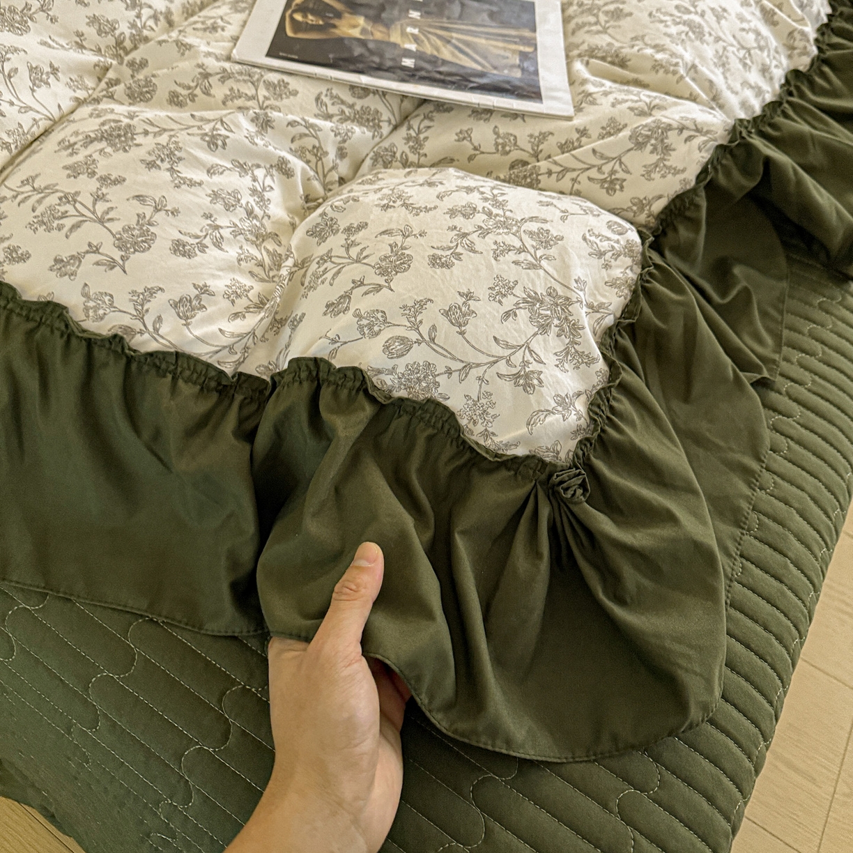 91家纺网 家纺一手货源 找家纺 富米莱（原臻工厂） 2026新款韩系古法韩国水洗棉云棉大布袋法式浪漫大花边床盖夏凉被床盖四件套 莫松染