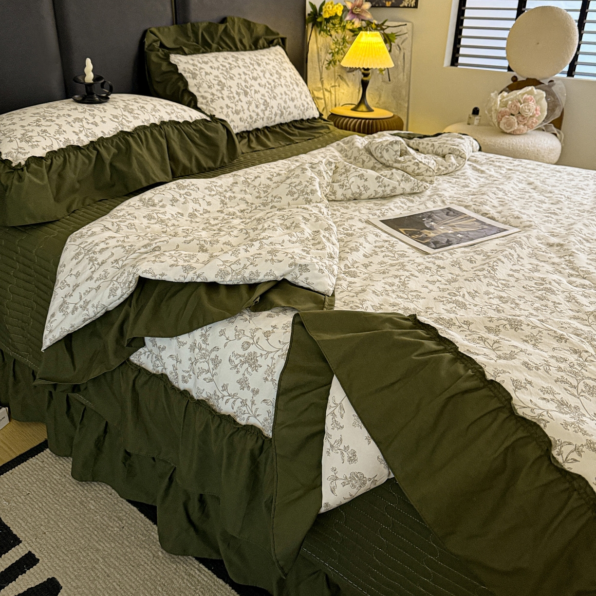 91家纺网 家纺一手货源 找家纺 富米莱（原臻工厂） 2026新款韩系古法韩国水洗棉云棉大布袋法式浪漫大花边床盖夏凉被床盖四件套 莫松染