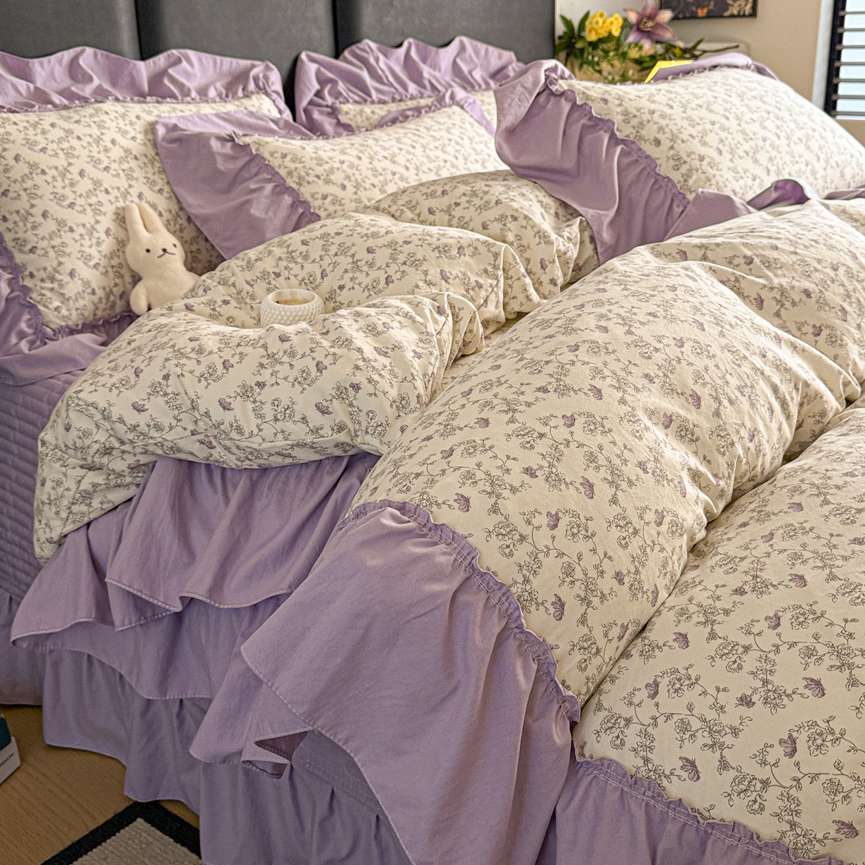 富米莱（原臻工厂） 2026新款韩系古法韩国水洗棉云棉大布袋法式浪漫大花边床盖夏凉被床盖四件套 暮山紫