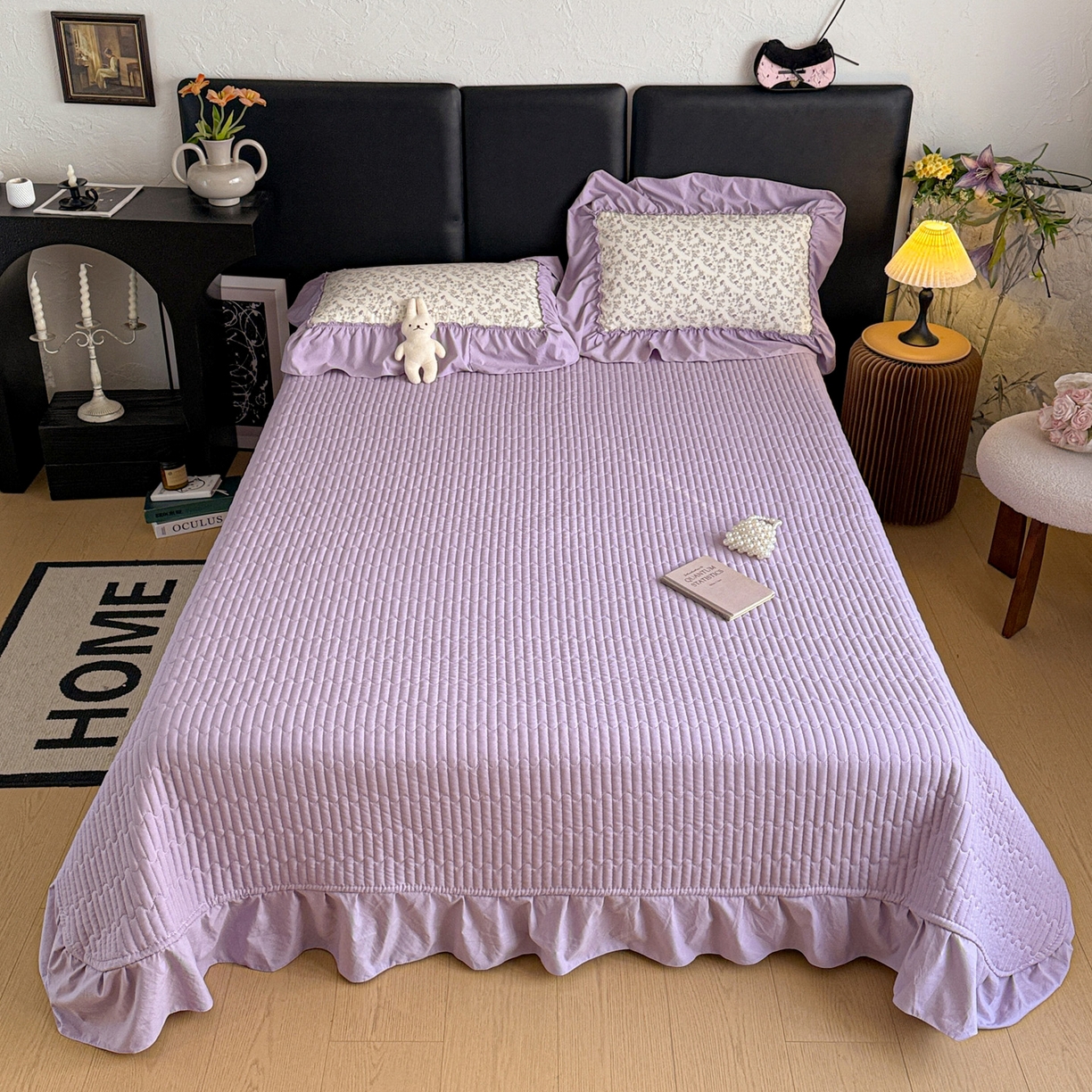 91家纺网 家纺一手货源 找家纺 富米莱（原臻工厂） 2026新款韩系古法韩国水洗棉云棉大布袋法式浪漫大花边床盖夏凉被床盖四件套 暮山紫