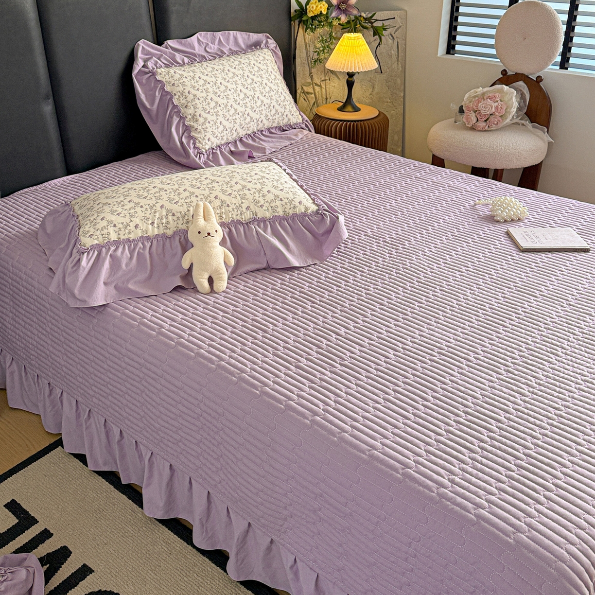 91家纺网 家纺一手货源 找家纺 富米莱（原臻工厂） 2026新款韩系古法韩国水洗棉云棉大布袋法式浪漫大花边床盖夏凉被床盖四件套 暮山紫