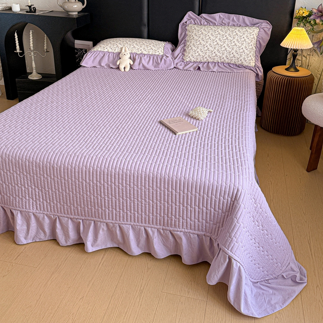 91家纺网 家纺一手货源 找家纺 富米莱（原臻工厂） 2026新款韩系古法韩国水洗棉云棉大布袋法式浪漫大花边床盖夏凉被床盖四件套 暮山紫