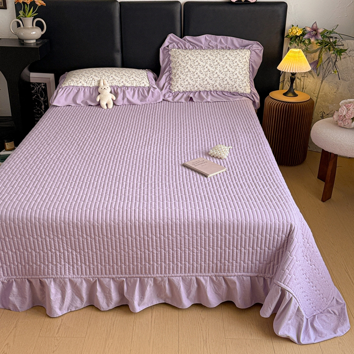 91家纺网 家纺一手货源 找家纺 富米莱（原臻工厂） 2026新款韩系古法韩国水洗棉云棉大布袋法式浪漫大花边床盖夏凉被床盖四件套 暮山紫