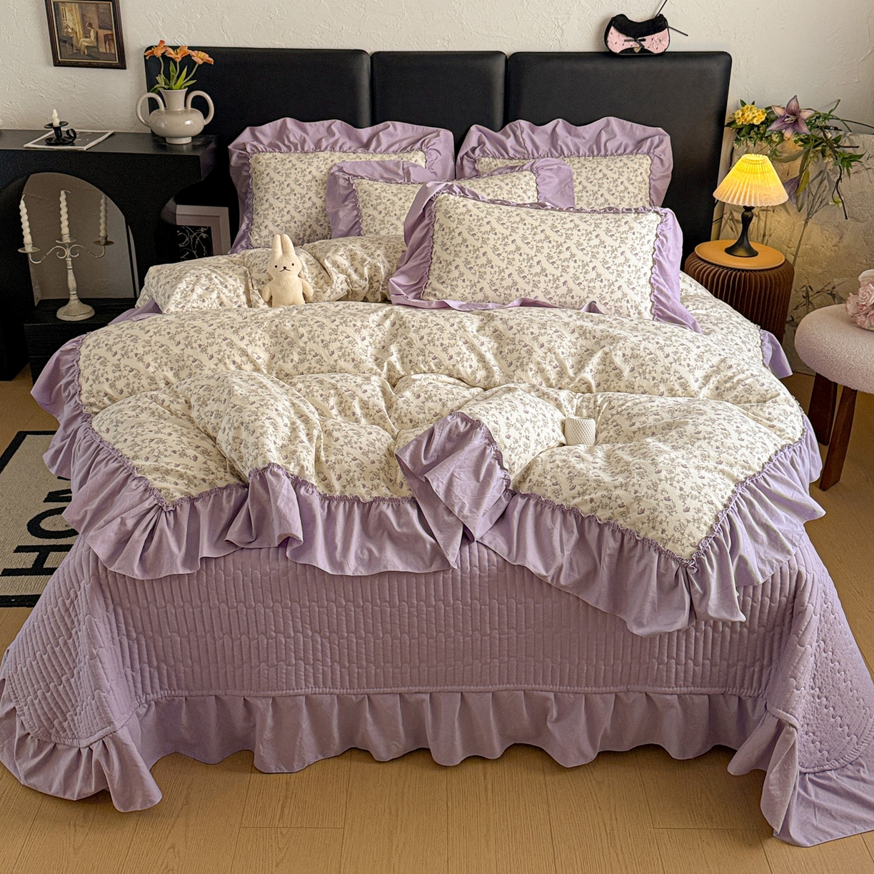 91家纺网 家纺一手货源 找家纺 富米莱（原臻工厂） 2026新款韩系古法韩国水洗棉云棉大布袋法式浪漫大花边床盖夏凉被床盖四件套 暮山紫