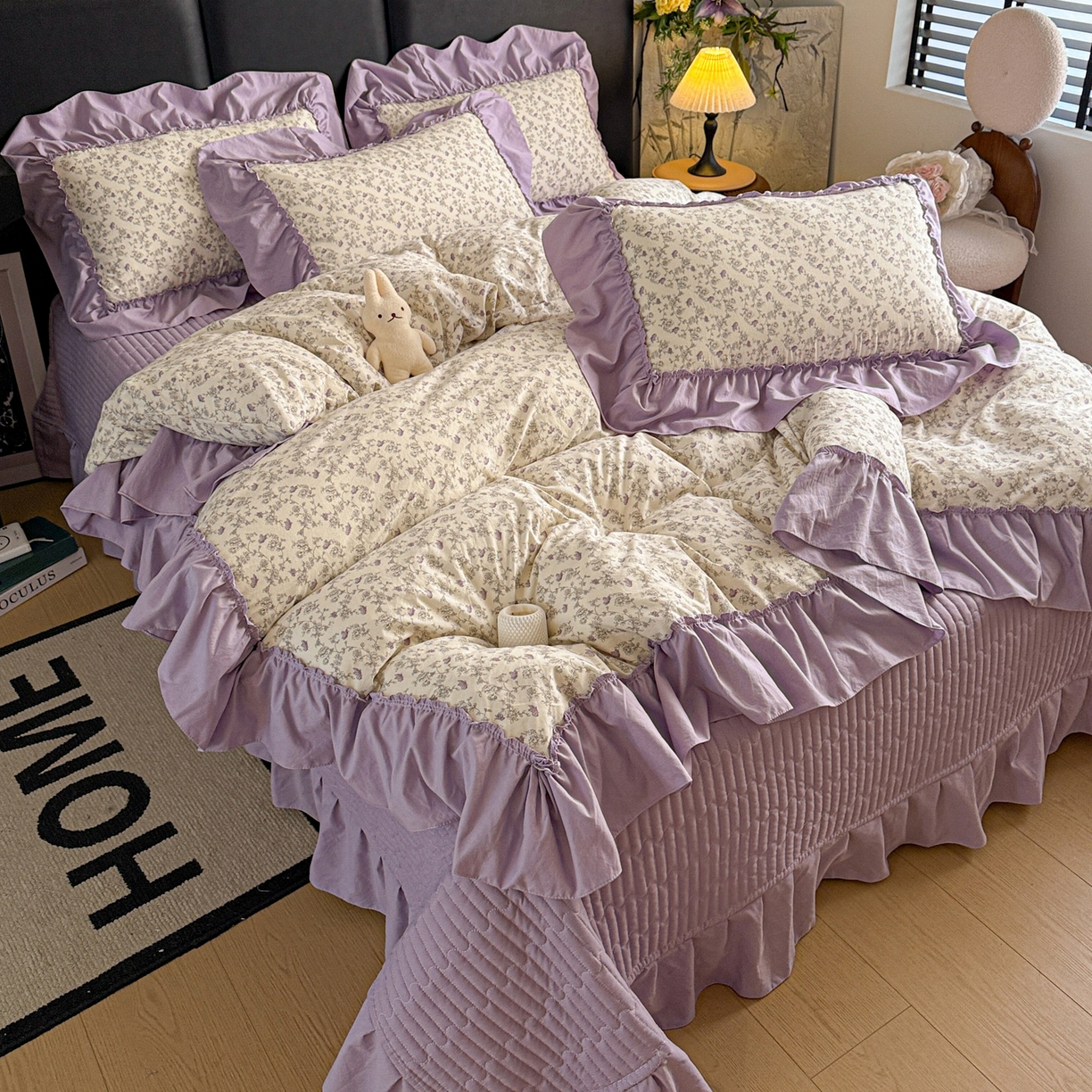 91家纺网 家纺一手货源 找家纺 富米莱（原臻工厂） 2026新款韩系古法韩国水洗棉云棉大布袋法式浪漫大花边床盖夏凉被床盖四件套 暮山紫