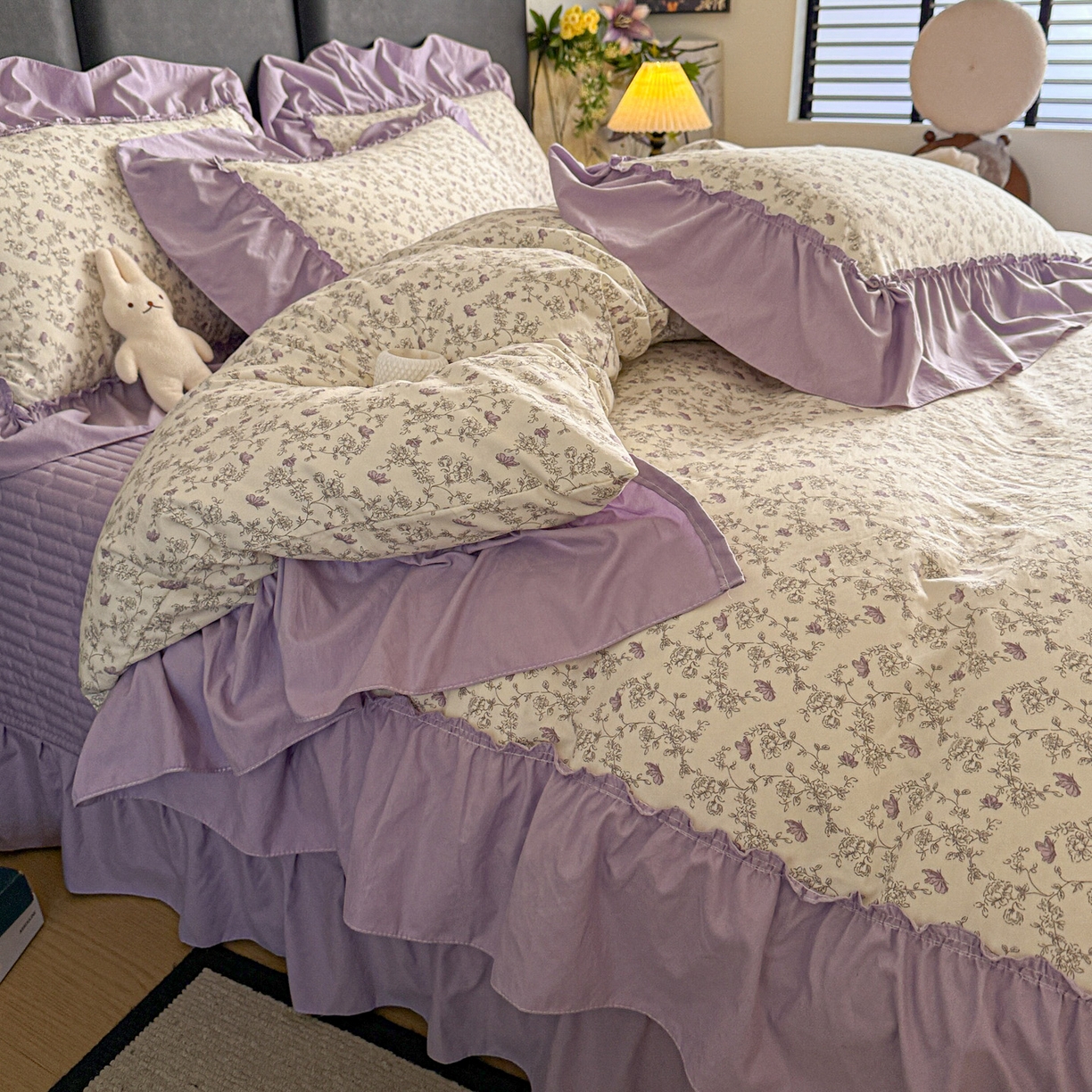 91家纺网 家纺一手货源 找家纺 富米莱（原臻工厂） 2026新款韩系古法韩国水洗棉云棉大布袋法式浪漫大花边床盖夏凉被床盖四件套 暮山紫