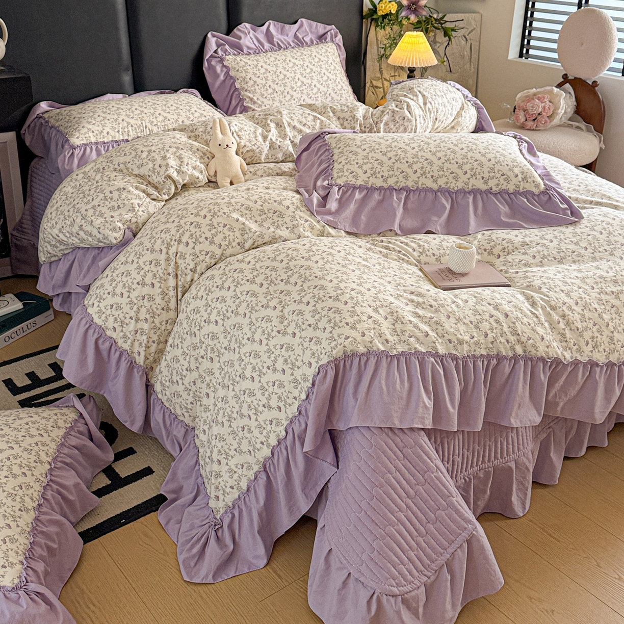 91家纺网 家纺一手货源 找家纺 富米莱（原臻工厂） 2026新款韩系古法韩国水洗棉云棉大布袋法式浪漫大花边床盖夏凉被床盖四件套 暮山紫