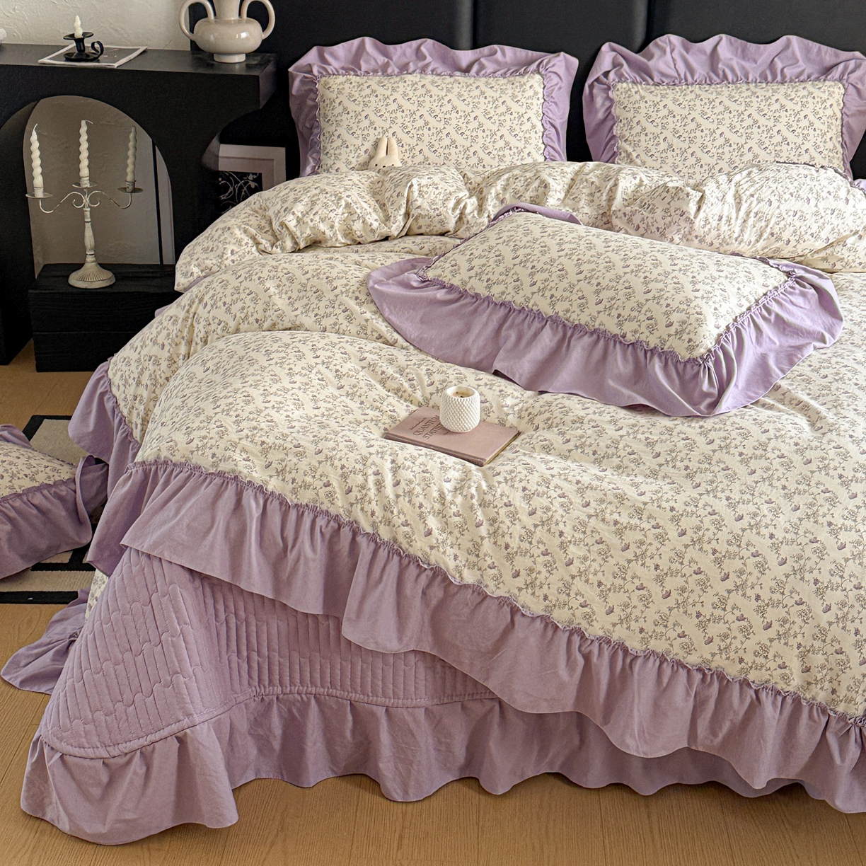 91家纺网 家纺一手货源 找家纺 富米莱（原臻工厂） 2026新款韩系古法韩国水洗棉云棉大布袋法式浪漫大花边床盖夏凉被床盖四件套 暮山紫