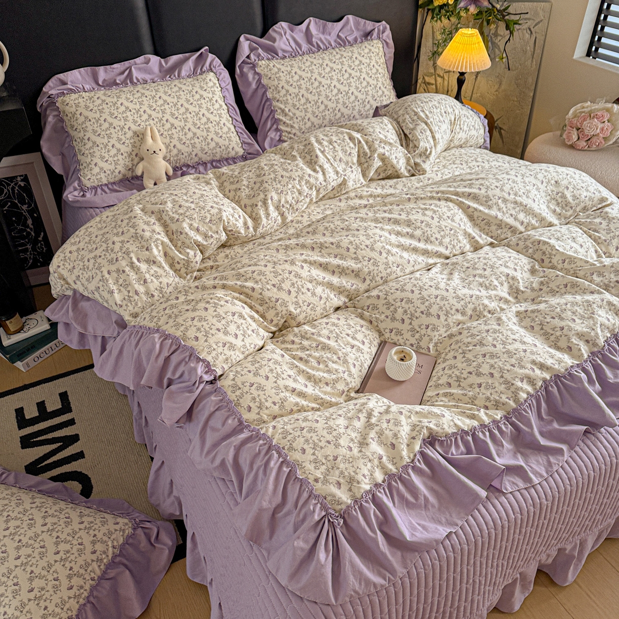 91家纺网 家纺一手货源 找家纺 富米莱（原臻工厂） 2026新款韩系古法韩国水洗棉云棉大布袋法式浪漫大花边床盖夏凉被床盖四件套 暮山紫
