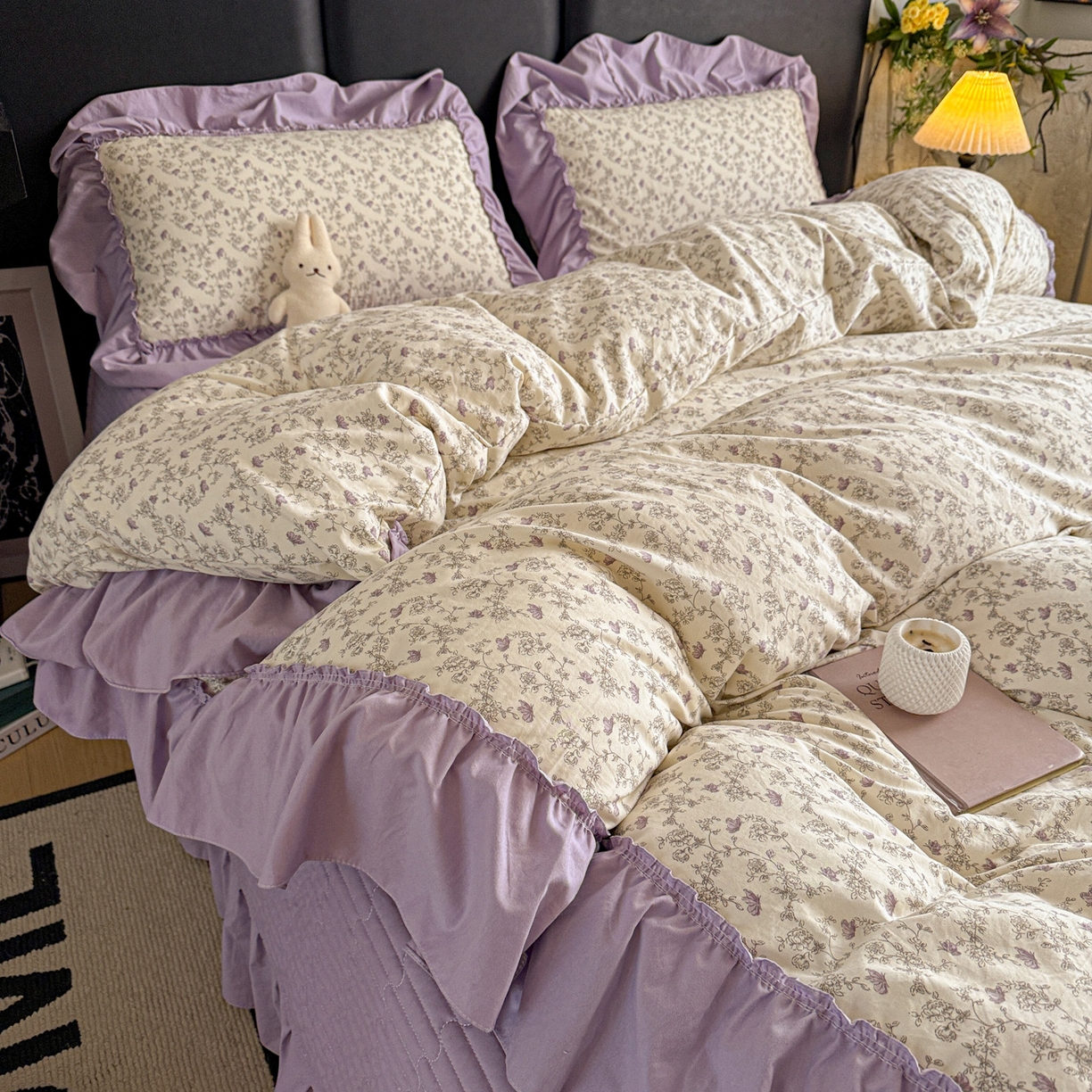 91家纺网 家纺一手货源 找家纺 富米莱（原臻工厂） 2026新款韩系古法韩国水洗棉云棉大布袋法式浪漫大花边床盖夏凉被床盖四件套 暮山紫