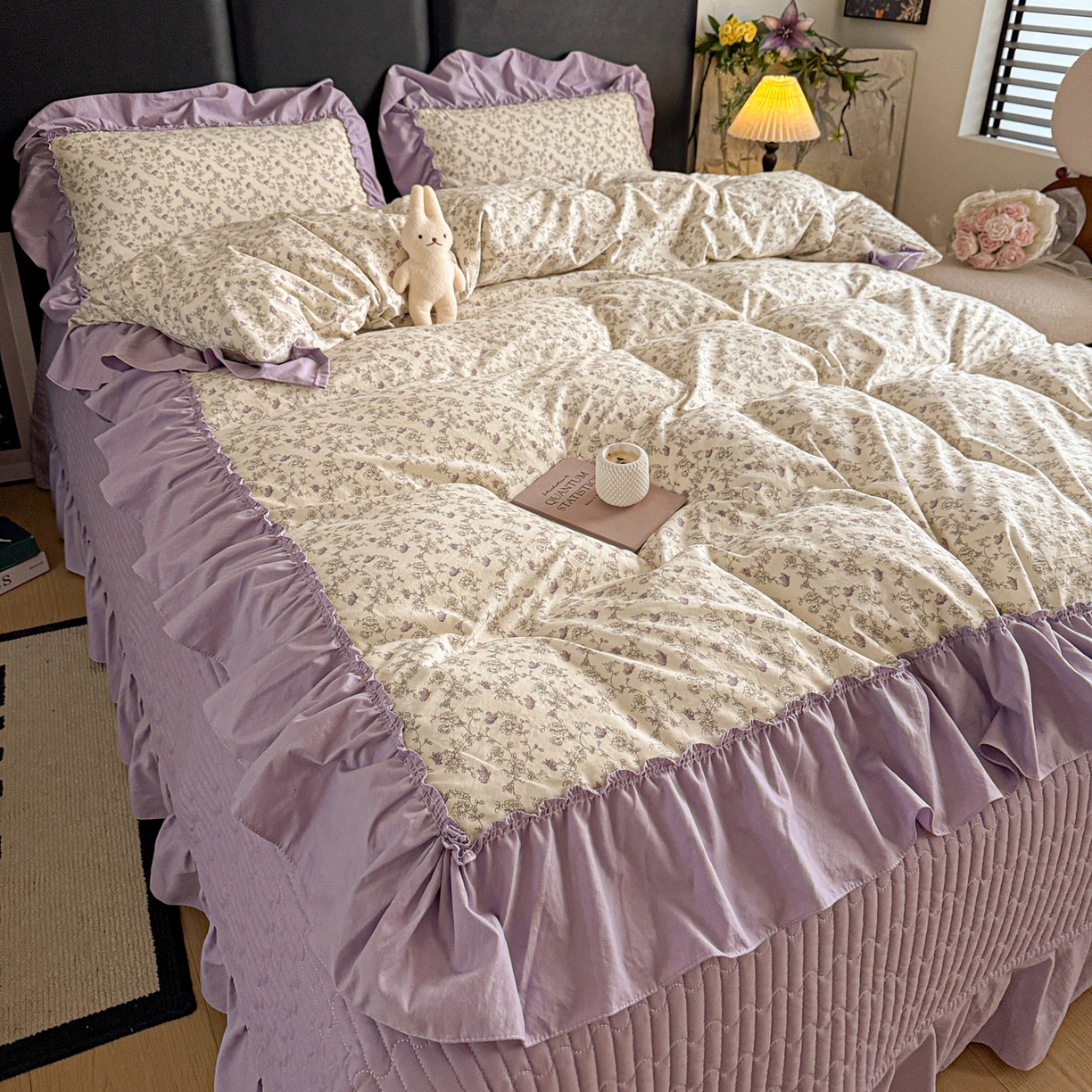 91家纺网 家纺一手货源 找家纺 富米莱（原臻工厂） 2026新款韩系古法韩国水洗棉云棉大布袋法式浪漫大花边床盖夏凉被床盖四件套 暮山紫