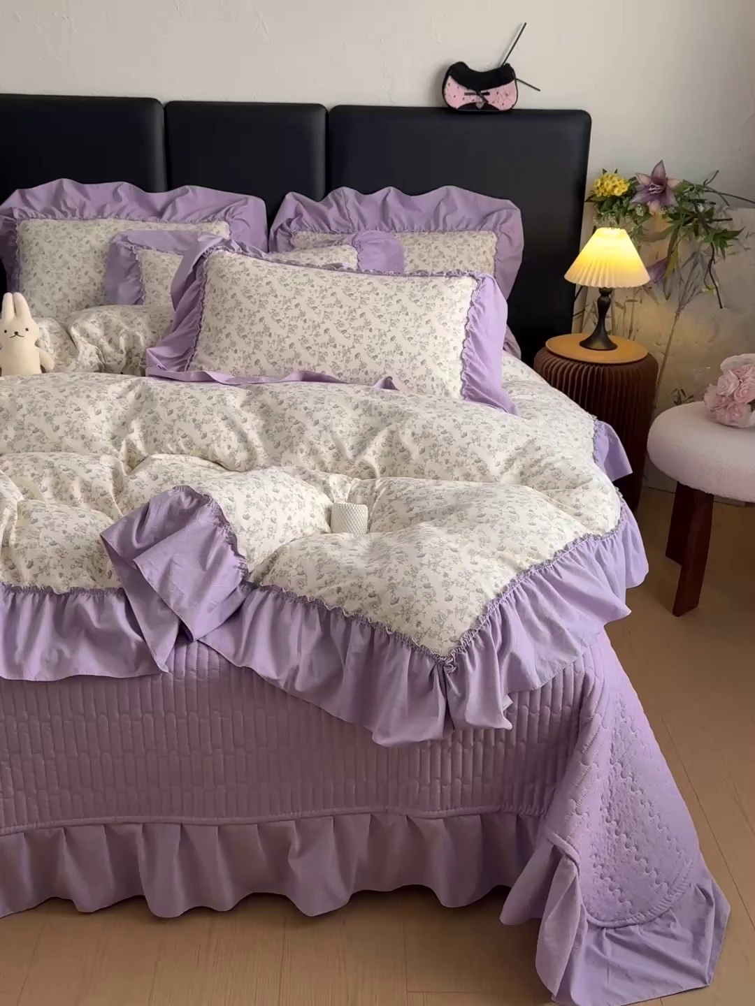 91家纺网 家纺一手货源 找家纺 富米莱（原臻工厂） 2026新款韩系古法韩国水洗棉云棉大布袋法式浪漫大花边床盖夏凉被床盖四件套 暮山紫