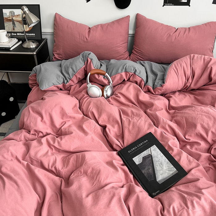 91家纺网 家纺一手货源 找家纺 梦卓家纺 2025爆款ins风超柔褶皱亲肤磨毛水洗棉四件套豆红浅灰