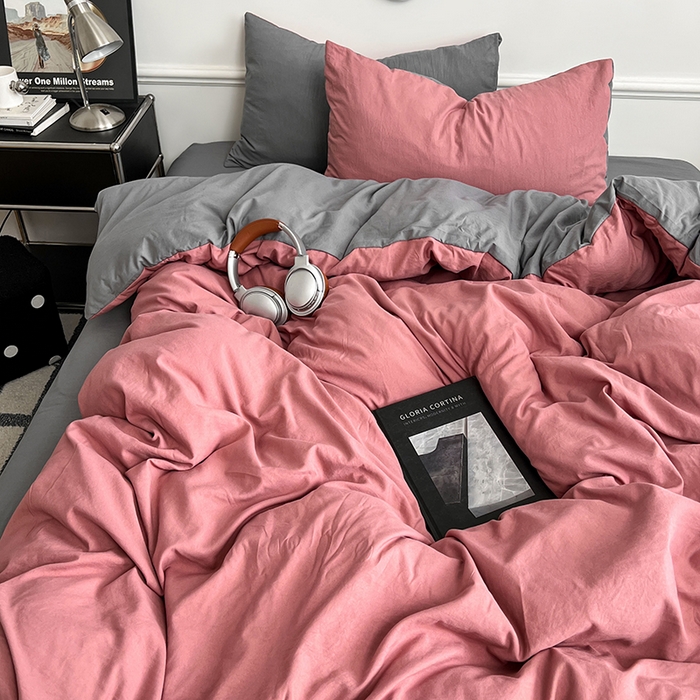 91家纺网 家纺一手货源 找家纺 梦卓家纺 2025爆款ins风超柔褶皱亲肤磨毛水洗棉四件套豆红浅灰