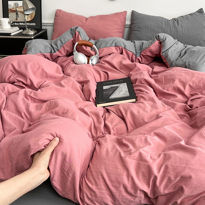 91家纺网 家纺一手货源 找家纺 梦卓家纺 2025爆款ins风超柔褶皱亲肤磨毛水洗棉四件套豆红浅灰