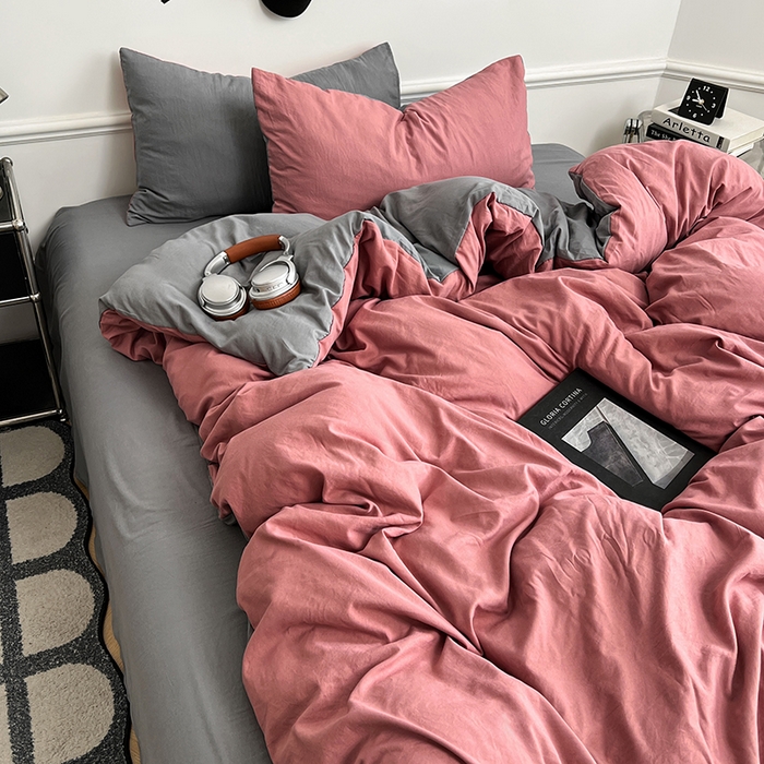 91家纺网 家纺一手货源 找家纺 梦卓家纺 2025爆款ins风超柔褶皱亲肤磨毛水洗棉四件套豆红浅灰