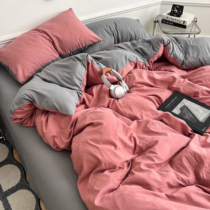 91家纺网 家纺一手货源 找家纺 梦卓家纺 2025爆款ins风超柔褶皱亲肤磨毛水洗棉四件套豆红浅灰