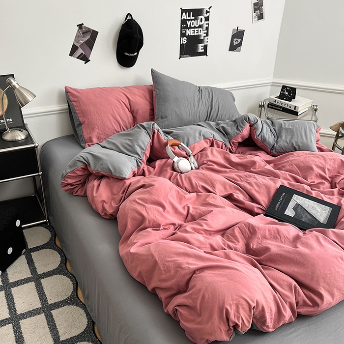 91家纺网 家纺一手货源 找家纺 梦卓家纺 2025爆款ins风超柔褶皱亲肤磨毛水洗棉四件套豆红浅灰