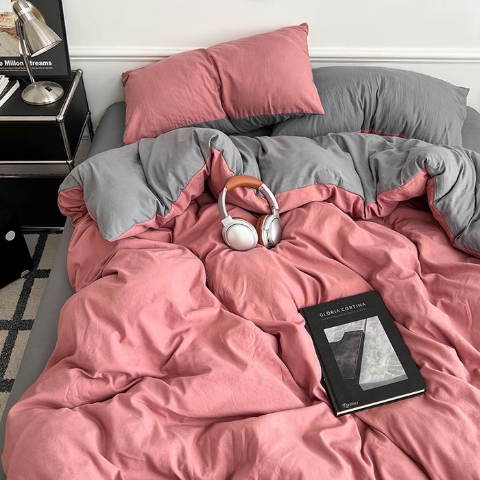 91家纺网 家纺一手货源 找家纺 梦卓家纺 2025爆款ins风超柔褶皱亲肤磨毛水洗棉四件套豆红浅灰