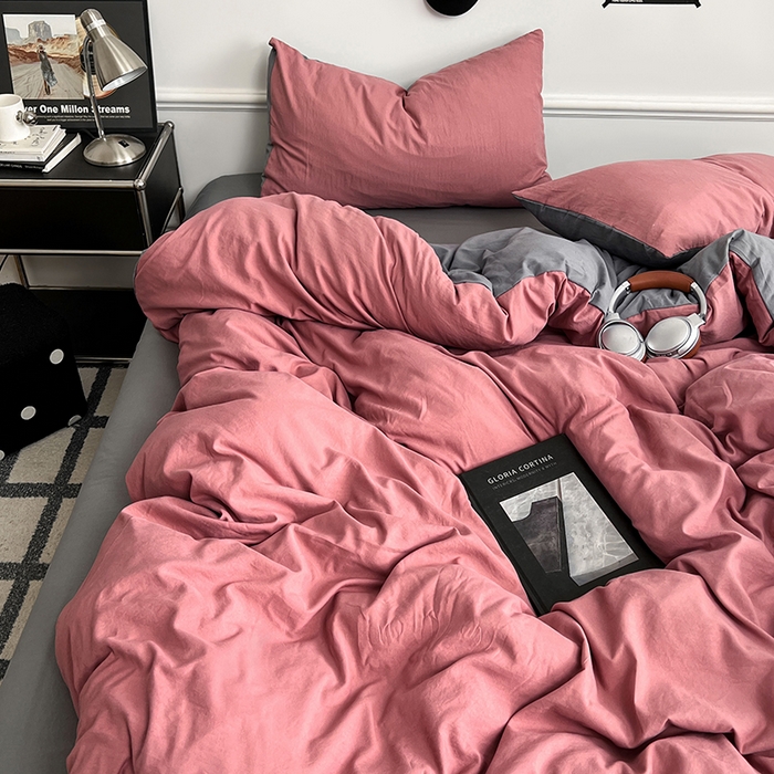 91家纺网 家纺一手货源 找家纺 梦卓家纺 2025爆款ins风超柔褶皱亲肤磨毛水洗棉四件套豆红浅灰