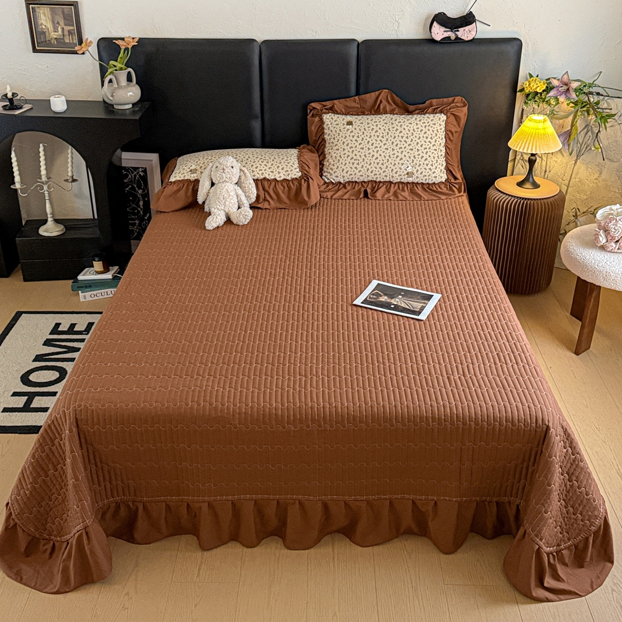 91家纺网 家纺一手货源 找家纺 富米莱（原臻工厂） 2026新款韩系古法韩国水洗棉云棉大布袋法式浪漫大花边床盖夏凉被床盖四件套 奶油兔