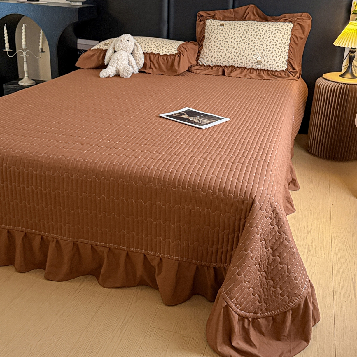 91家纺网 家纺一手货源 找家纺 富米莱（原臻工厂） 2026新款韩系古法韩国水洗棉云棉大布袋法式浪漫大花边床盖夏凉被床盖四件套 奶油兔