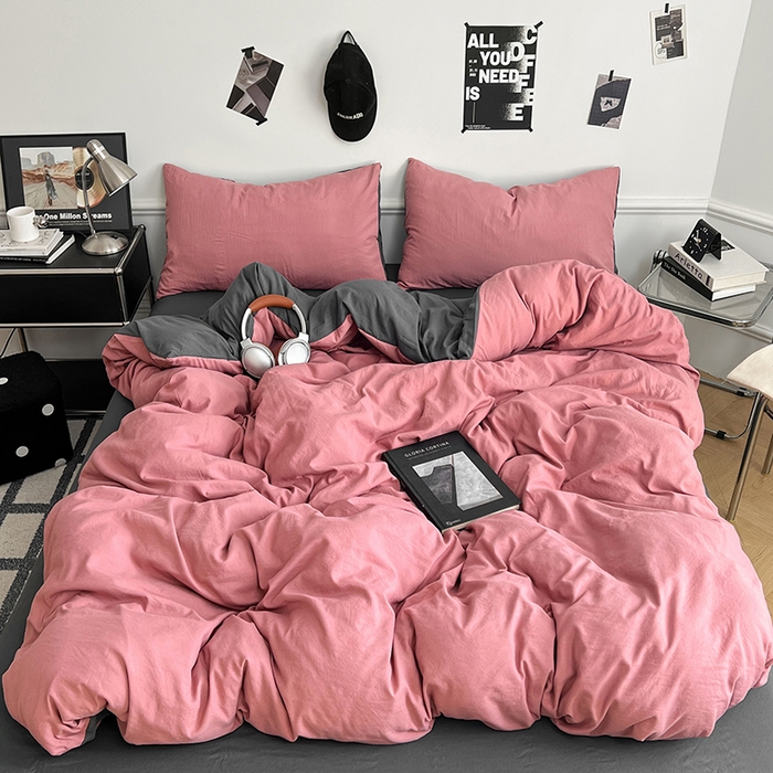 梦卓家纺 2025爆款ins风超柔褶皱亲肤磨毛水洗棉四件套豆红深灰