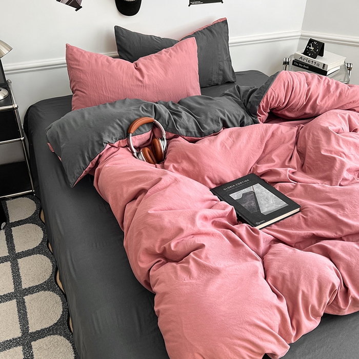 91家纺网 家纺一手货源 找家纺 梦卓家纺 2025爆款ins风超柔褶皱亲肤磨毛水洗棉四件套豆红深灰