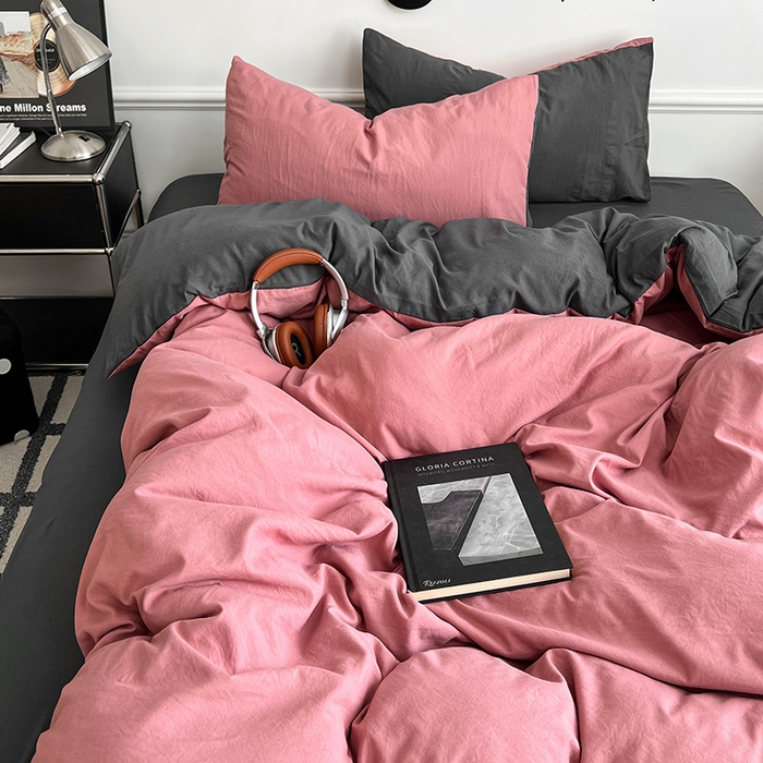 91家纺网 家纺一手货源 找家纺 梦卓家纺 2025爆款ins风超柔褶皱亲肤磨毛水洗棉四件套豆红深灰