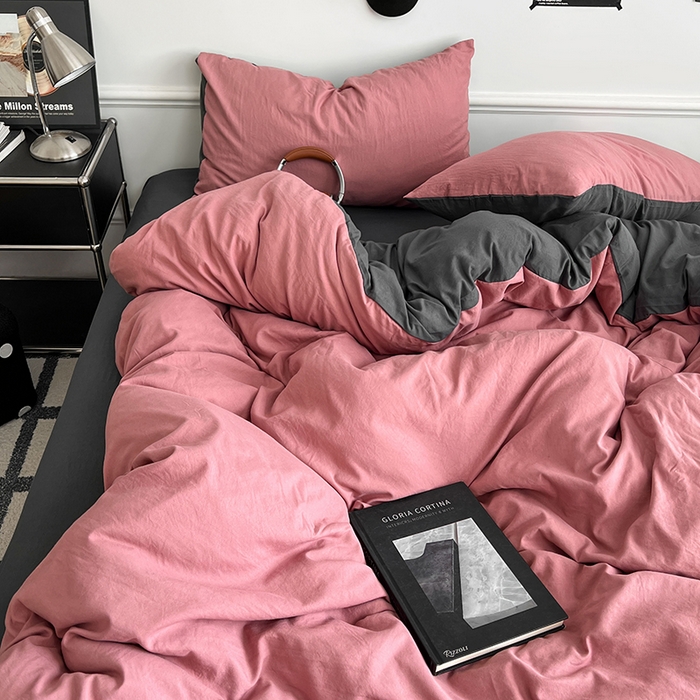 91家纺网 家纺一手货源 找家纺 梦卓家纺 2025爆款ins风超柔褶皱亲肤磨毛水洗棉四件套豆红深灰