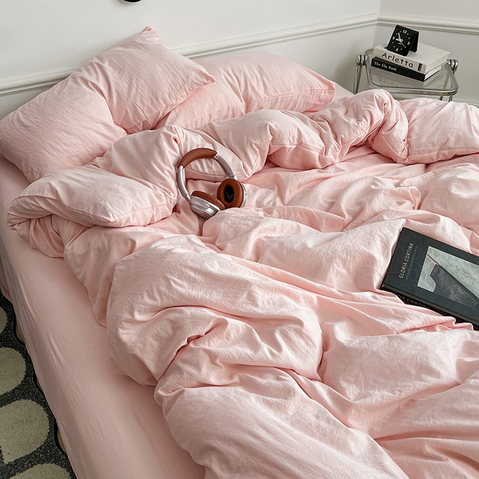 91家纺网 家纺一手货源 找家纺 梦卓家纺 2025爆款ins风超柔褶皱亲肤磨毛水洗棉四件套奶油粉