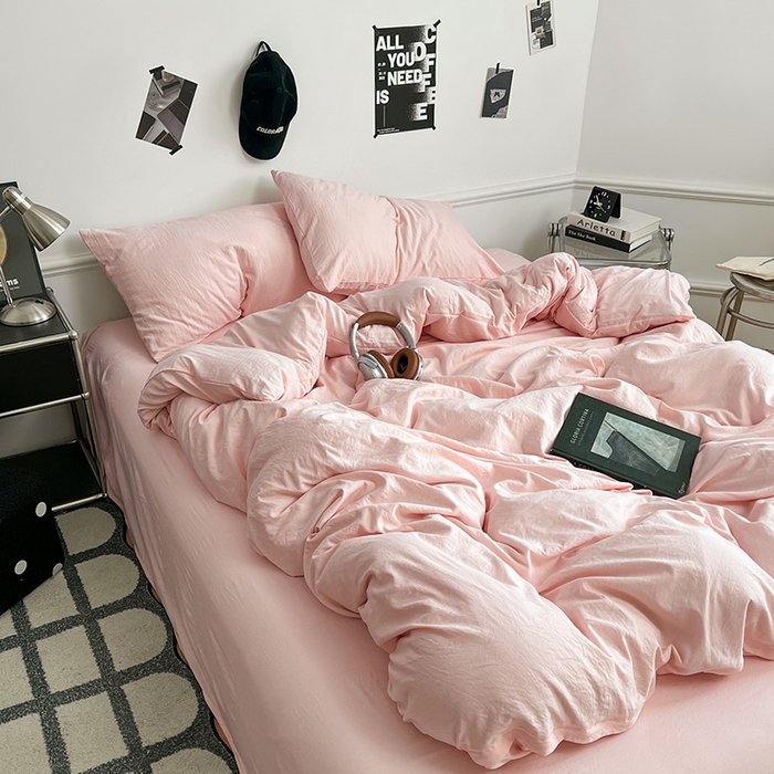 91家纺网 家纺一手货源 找家纺 梦卓家纺 2025爆款ins风超柔褶皱亲肤磨毛水洗棉四件套奶油粉